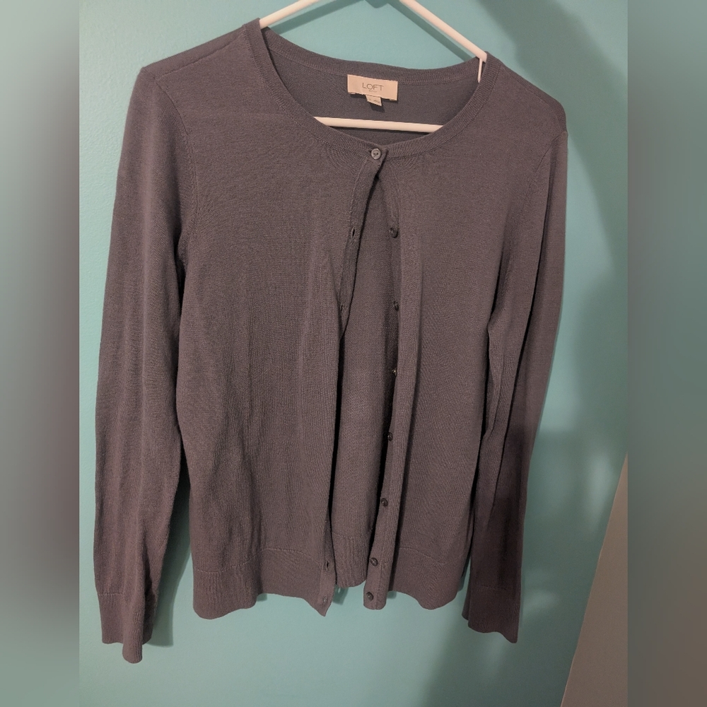 LOFT Deep Purple Button Front Lightweight Cardigan Sweater
